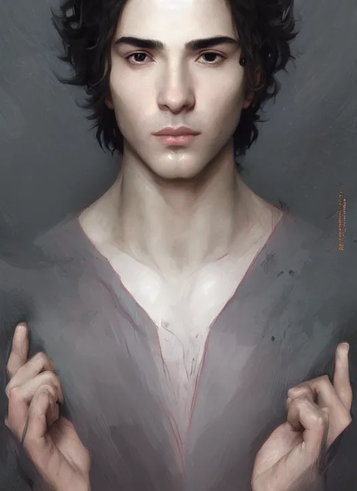Prompt: character concept portrait of an attractive young seductive Spanish wizard with pale grey skin enchanting a seduction spell, a floating iridescent spell book in the center, intricate, elegant, digital painting, concept art, smooth, sharp focus, illustration, from Metal Gear, by Ruan Jia and Mandy Jurgens and William-Adolphe Bouguereau, Artgerm