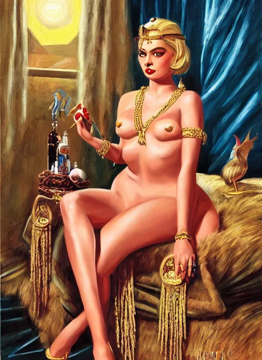 Image similar to lili st. cyr as cleopatra, pulp art oil painting by mort kunstler, intricate, hyper detailed, 4 k, hd, award winning, photorealistic