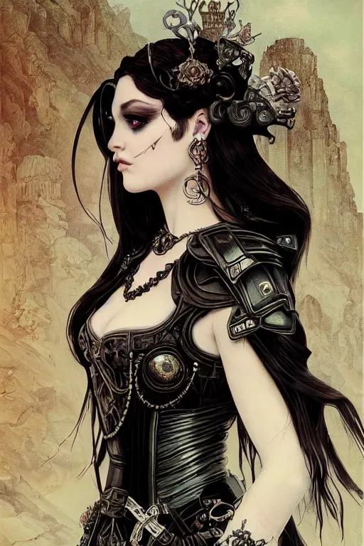 Prompt: beautiful and gothic and victorian and evil and dieselpunk medieval female armor portrait like lisa blackpink+smoky eyes+front face with light flowing hair, ultradetail face, ruined ancient Agora of Athens, art and illustration by tian zi and craig mullins and WLOP and alphonse mucha, ssci-fi, fantasy, neon lights reflect, intricate complexity, human structure, fantasy character concept, watermark, blurry, hyperrealism 8k