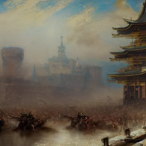 Image similar to highly detailed painting of samurais patrolling moscow, by william turner, by greg rutkowski, by william constable, thick brush strokes and visible paint layers, 4 k resolution