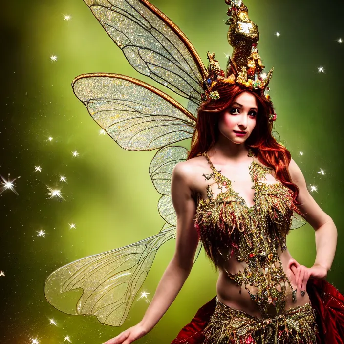 Prompt: full body photo of a very beautiful!! fairy queen with ornate sparkling robes, highly detailed, 4 k, hdr, smooth, sharp focus, high resolution, award - winning photo