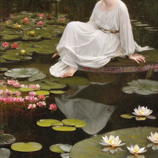 Prompt: a painting of a woman with greek white clothes floating in a pond of water lillies, a fine art painting, by liu jun, cgsociety, deviantart, pre - raphaelitism, figurative art, magical realism, detailed painting, made of flowers