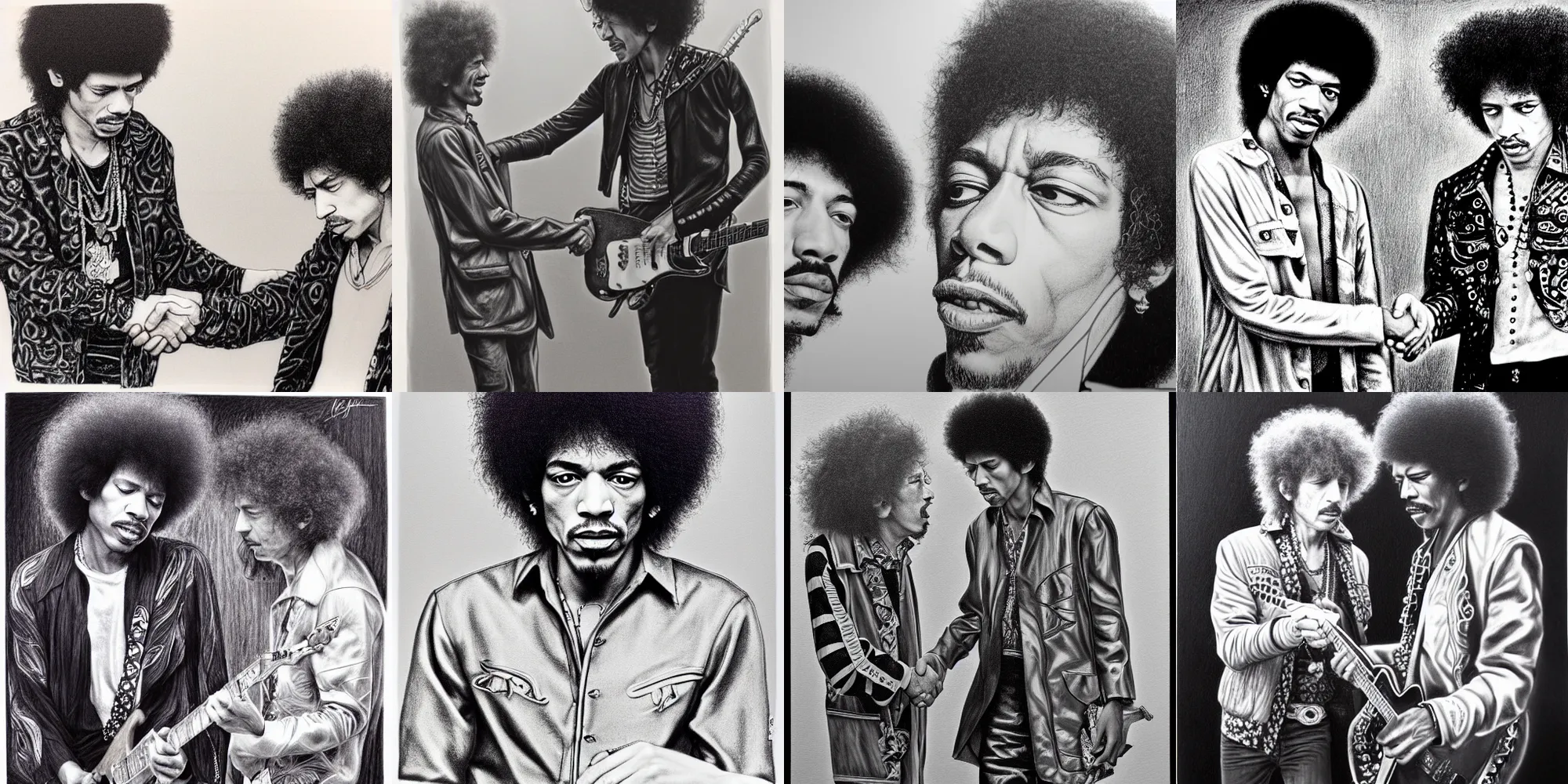 Prompt: Graphite Pencil Drawing, intricately detailed of Jimi Hendrix shaking hands with Bob Dylan by Laurie Lipton