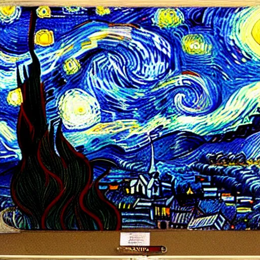 Image similar to the starry night where white is black and blue, very detailed, landscape-H 768