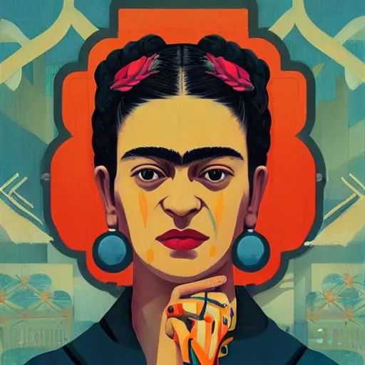 Prompt: Frida Khalo profile picture by Sachin Teng, asymmetrical, Organic Painting , Matte Painting, geometric shapes, hard edges, graffiti, street art:2 by Sachin Teng:4