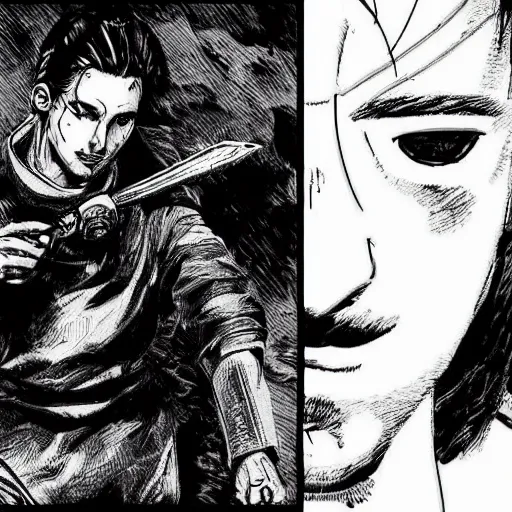 Prompt: pen and ink!!!! attractive 22 year old monochrome!!!! Khan Noonien Singh x Ryan Gosling cyberpunk highly detailed manga Vagabond!!!!!!! telepathic floating magic swordsman!!!! glides through a beautiful!!!!!!! battlefield magic the gathering dramatic esoteric!!!!!! pen and ink!!!!! illustrated in high detail!!!!!!!! graphic novel!!!!!!!!! by Gustav Klimt, Moebius, and Hiroya Oku!!!!!!!!!!!!!! MTG!!! award winning!!!! full closeup portrait!!!!! action Exposition manga panel