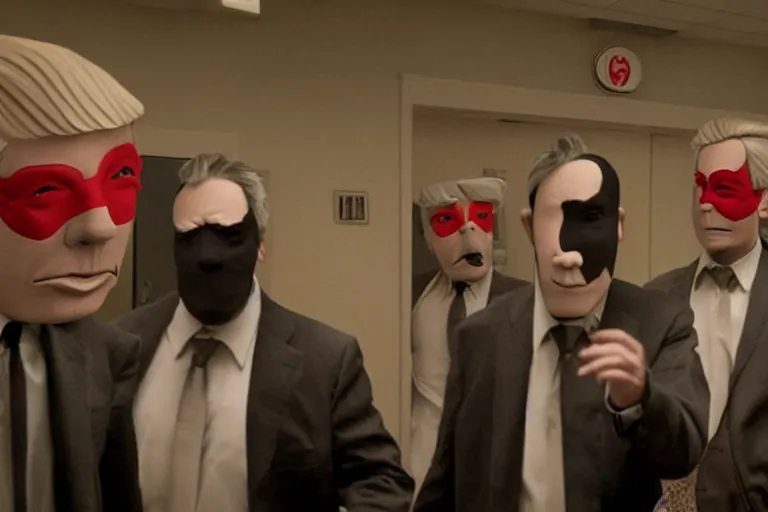 Prompt: dramatic cinematic bank robbers running out of bank wearing trump masks by Roger Deakins