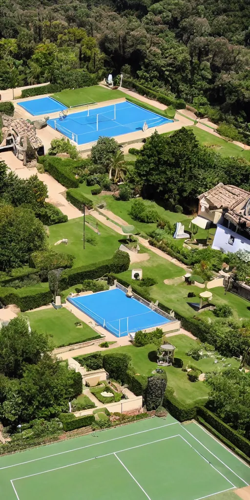 Prompt: In the resort between mountains and seas, British aristocratic castle style tennis courts