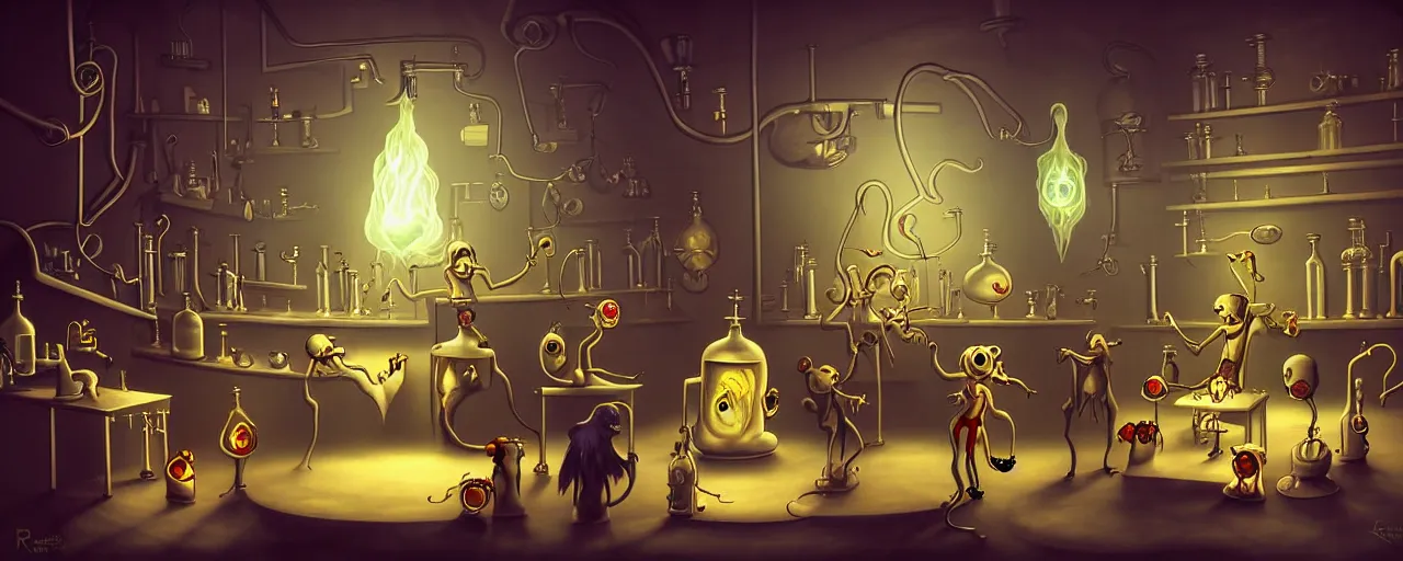 Prompt: uncanny alchemist chthonic creatures inside an alchemical lab within the left ventricle of a human heart, dramatic lighting, surreal fleischer cartoon characters, surreal painting by ronny khalil
