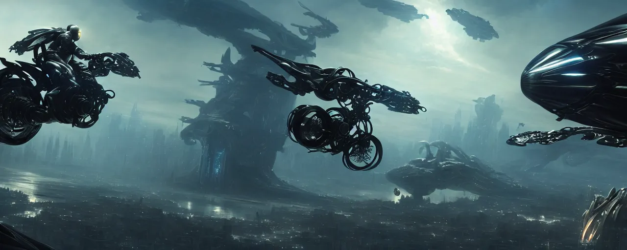 Image similar to an intricate concept art of a a man riding on a flying scifi mechanical motorcycle in a mega structure world, photorealistic movie still, sci - fi, hyper realistic, concept art, art by dylan cole, feng zhu, artgerm, greg rutkowski, cinematic lighting, octane render