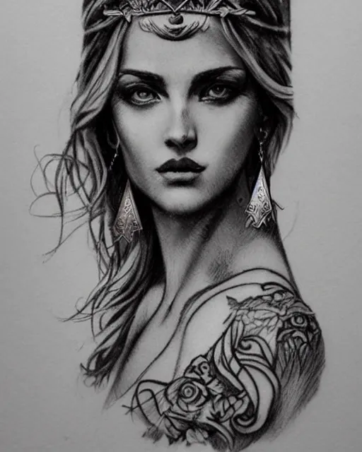 Image similar to realism tattoo sketch of a beautiful greek goddess aphrodite with piercing eyes wearing a laurel wreath and triangle earrings, in the style of greg rutkowski, amazing detail