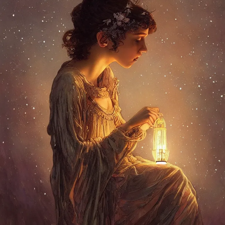 Image similar to a beautiful painting of a winged angel resembling millie bobby brown watching the lantern festival in ancient london, at night with a sky full of stars, intricate, elegant, highly detailed, digital painting, artstation, concept art, by krenz cushart and artem demura and alphonse mucha