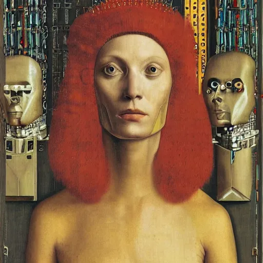 Image similar to a portrait of cyborg queen jacked into a man-machine interface by Jan van Eyck