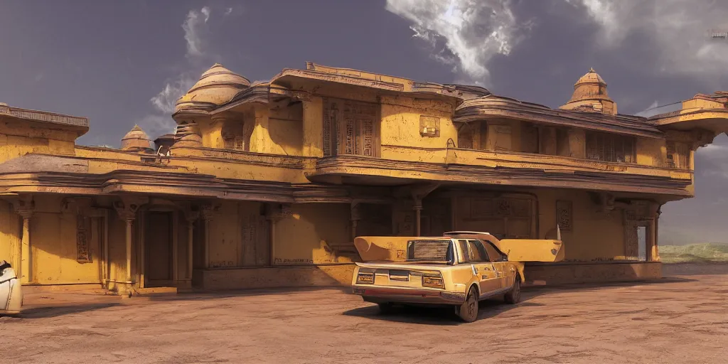 Image similar to a spaceship parked infront of an old richly decorated indian house. the, diffuse light, octane render, 4k, matte painting