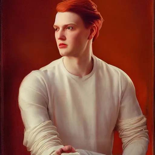 Prompt: pale Donal Glison, red hair, no beard, in New York, cinematic lighting, highly detailed, digital art, Renaissance painting, by Leyendecker, by Rutkowsky,