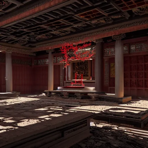 Prompt: destroyed old shintoist temple interior, detailed, jewelry, sakura,photograph, award wining, red and white, trending on artstation, 4k, unreal engine 5, octane render, neon highlights