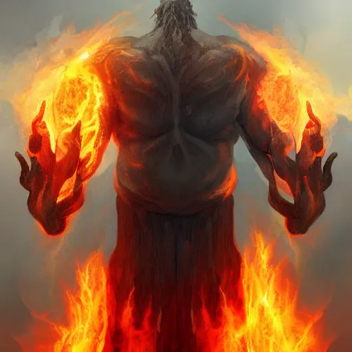 Image similar to a person kneeling before a gigantic god - like figure wrapped in smoke and flames. feature on artstation. digital art.