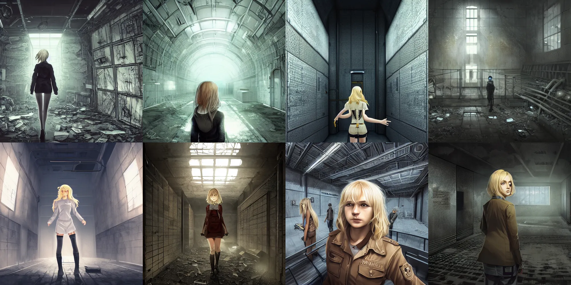 Prompt: a beautiful blonde haired detective girl exploring an abandoned scp foundation facility, epic composition, intricate details, hyper detailed, 8 k, volumetric light, dark atmosphere, face by ilya kushinov and charlie bowater, clear clean face