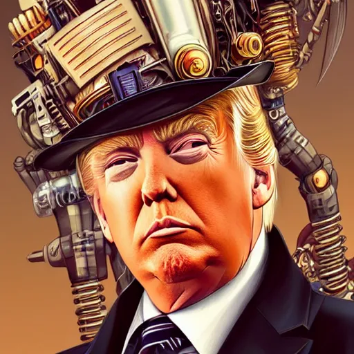 Image similar to donald trump as a steampunk cyborg, portrait, western, steampunk, duster, fantasy, intricate, elegant, highly detailed, digital painting, artstation, concept art, sharp focus, illustration, art by artgerm and greg rutkowski and alphonse mucha