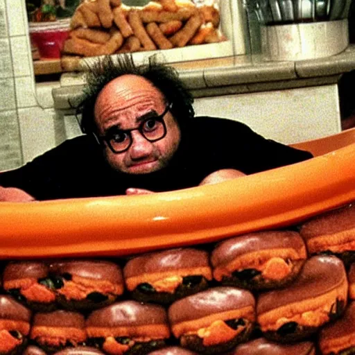 Prompt: Danny Devito in a bathtub filled with hamburgers circa 1999