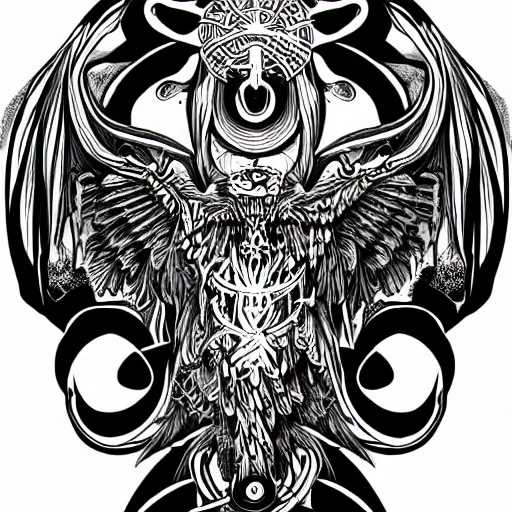Image similar to three eyed raven as ouroboros mystic occult illustration for tattoo, symbolism mythos, highly detailed line drawing, design concepts