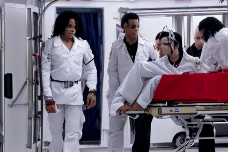 Image similar to Michael Jackson 2009 in a stretcher leading to ambulance ultra realistic, 4K, movie still, UHD, sharp, cinematic