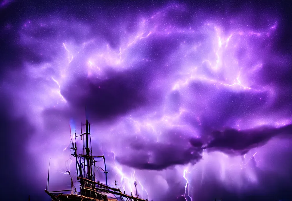 Image similar to purple color lighting storm with stormy sea close up of a pirate ship firing its cannons trippy nebula sky with dramatic clouds by banksy Photorealism