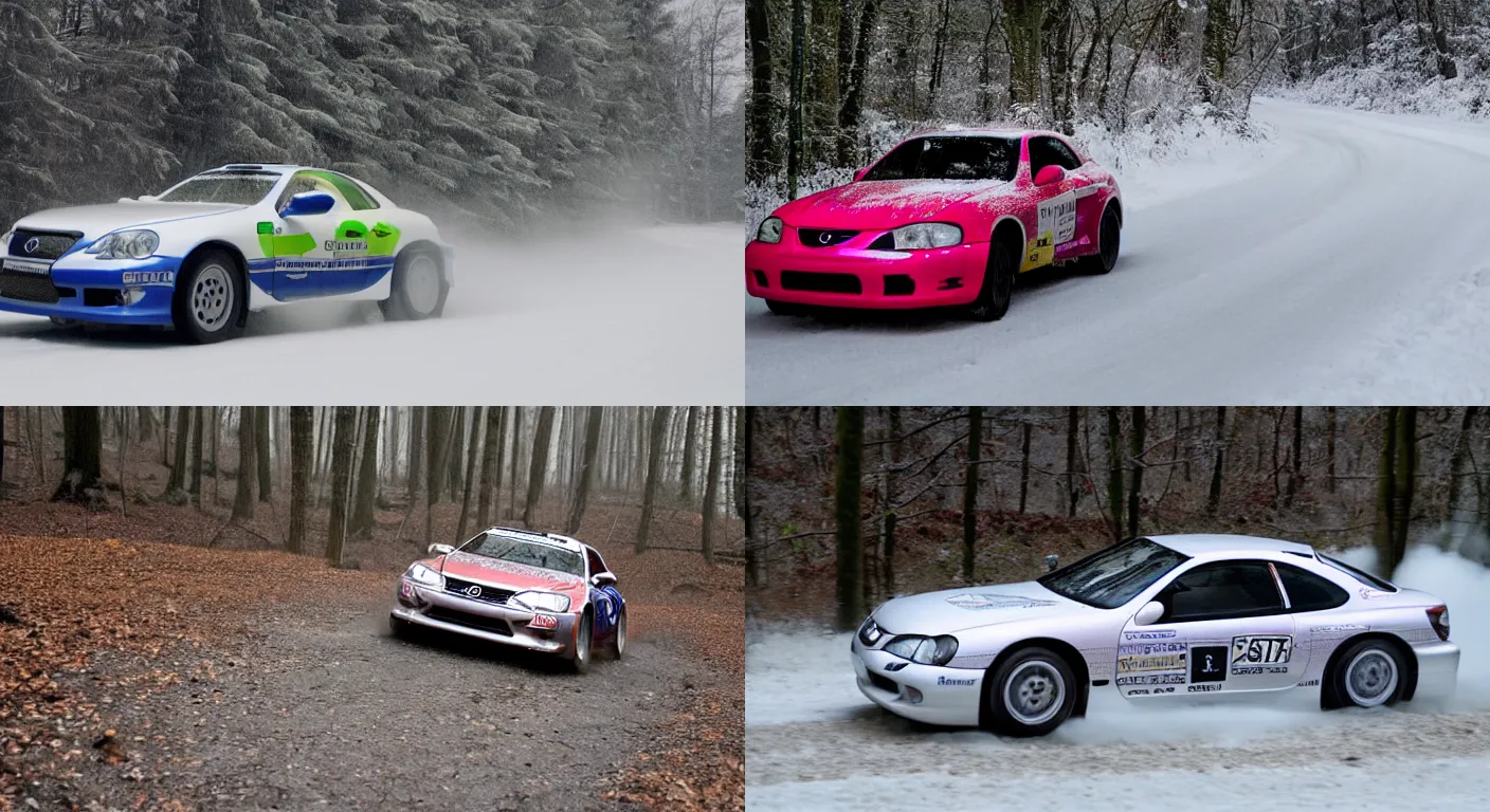 Prompt: a 2 0 0 2 lexus sc 4 3 0, racing through a rally stage in a snowy forest