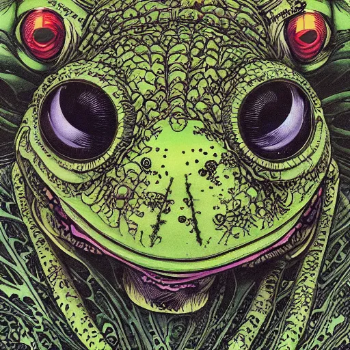 Image similar to portrait closeup of crazy pepetgte frog, symmetrical, cinematic colors, by yoichi hatakenaka, masamune shirow, josan gonzales and dan mumford, ayami kojima, takato yamamoto, barclay shaw, karol bak, yukito kishiro