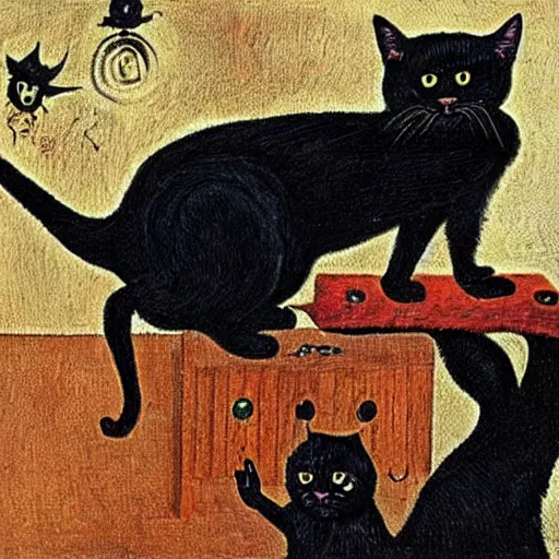 Image similar to a black cat possessed by satan, painting in the style of hieronymus bosch