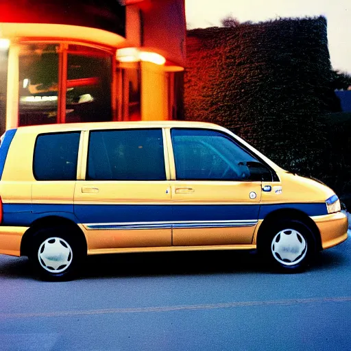 Image similar to very round 1990s Toyota Previa, 70mm flash photography