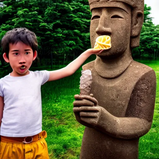 Image similar to a very disgusted and crying kid holding and looking an ice cream cone with a small moai statue in the cone, 4 k photograph