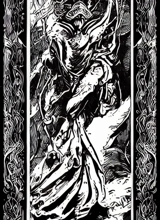 Prompt: tarot card illustration for the tarrasque, modern reimagining, digital art, stylish, black and red, sharp inks, trending on artstation