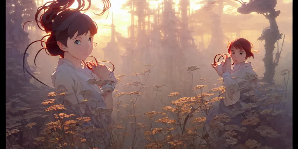 Image similar to twist your tiny lies into the spoon, spinning a web with your metallurgy. by hayao miyazaki and rossdraws and artgerm and greg rutkowski and alphonse mucha and studio ghibli. high quality, stunning, intricate detailed environment. 8 k