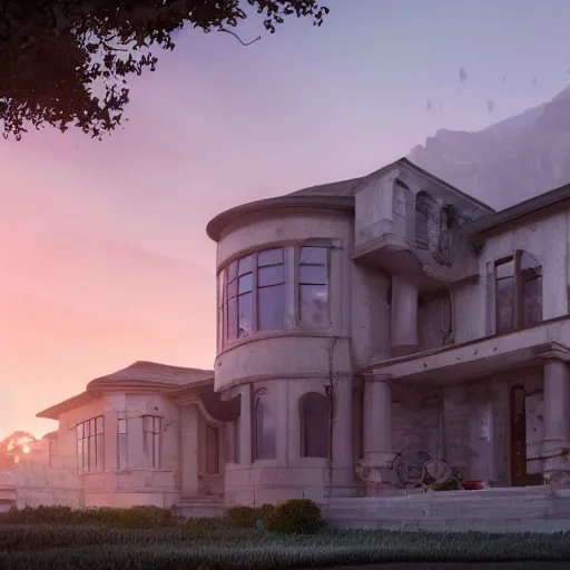 Prompt: Exterior of modern mansion, beautiful dynamic lighting, cinematic, wide angle establishing shot, extremely high detail, photo realistic, cinematic lighting, post processed, concept art, artstation, matte painting, style by eddie mendoza, raphael lacoste, alex ross, volumetric lighting, light rays, photorealistic, ultrarealistic, moody, coronarender, 8k