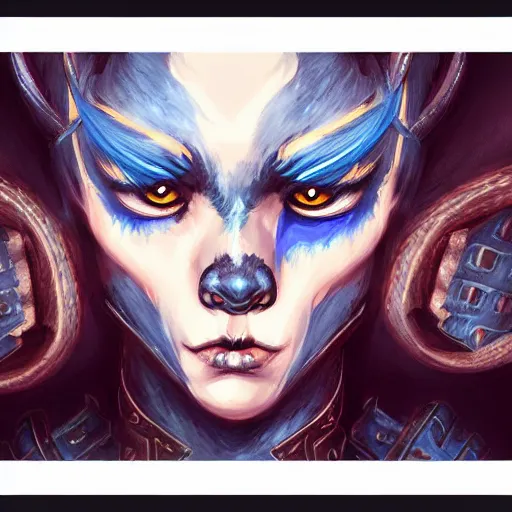 Image similar to illustrated realistic portrait female ram-horned kobold blue hair with black evil devil eyes wearing leather armor by rossdraws