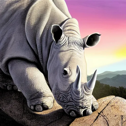 Image similar to a dreamy white rhinoceros posing triumphantly on a craggy rock outcropping at glorious sunrise, highly detailed, painted by sam nielson