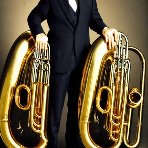 Prompt: a man standing on a stage in a suit and tie with a tuba instead of a head, photograph