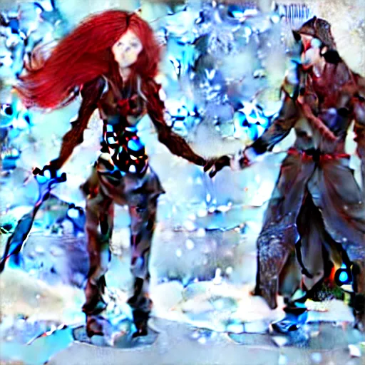 Image similar to A woman and a man are standing in the snow, the woman is leaning against the man, the man has long red hair, the woman has blonde long hair, the man has a red thick sword, the woman has a thin, long sword, a tree almost fully covered in bulky snow, concept art by Fabien Charuau, trending on pixiv, fantasy art, official art, wiccan, concept art, 4k, sharp details