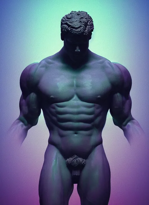 Image similar to statue of hercules, beeple, vaporwave, retrowave, abstract neon shapes, black background, glitch, pixel sorting, strong contrast, pinterest, trending on artstation