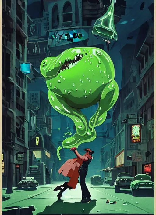 Prompt: epic 4 0 s movie poster featuring an enormous amorphous gelatinous cube slime creature attacking an abandoned midnight town street, faded, dark, mostly green color scheme, cell shaded, vector art, wordless, dangerous, thrilling, highly detailed, stylized, medium shot, makoto shinkai, ilya kuvshinov, james gurney, ray swanland