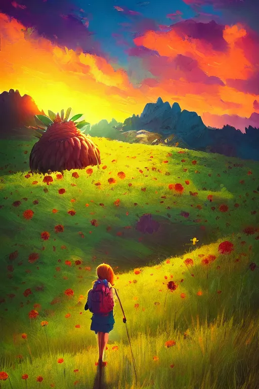 Image similar to giant daisy flower head, girl hiking in the mountains, surreal photography, sunrise, dramatic light, impressionist painting, colorful clouds, digital painting, artstation, simon stalenhag