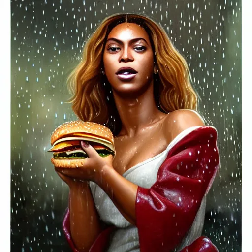 portrait of Beyonce eating hamburgers in a downpour of | Stable Diffusion