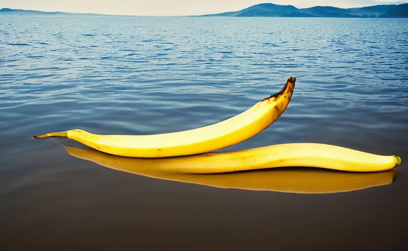 Prompt: a crescent moon as a banana over a lake, stunning photography