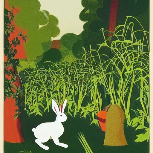 Prompt: rabbit in the vegetable garden by eyvind earle and john audubon