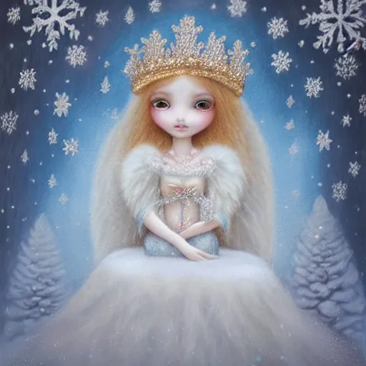 Image similar to highly detailed closeup portrait of a snow, ice princess, she is wearing a crown, she is sitting on a throne surrounded by fluffy bears, nicoletta ceccoli, mark ryden, lostfish, earl nore, global illumination, god rays, detailed and intricate environment