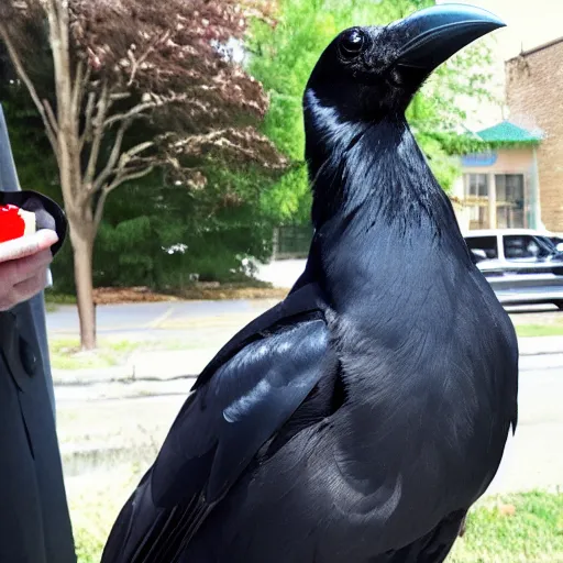 Image similar to A photo of a crow that only goes to these business meetings because there are free donuts.