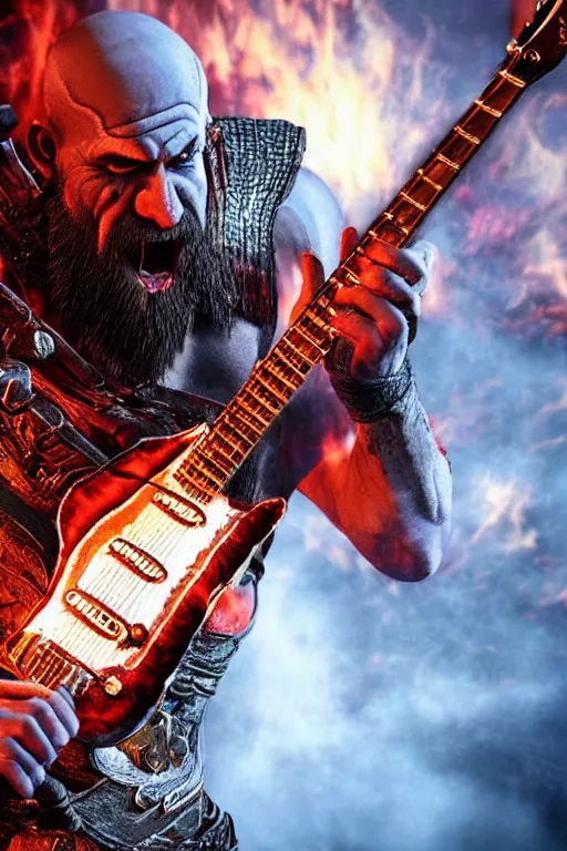 Image similar to screaming kratos rocking out on a flaming stratocaster guitar, cinematic render, god of war 2 0 1 8, playstation studios official media, red stripe, red stripe, red stripe, red stripe, red stripe, red stripe, clear, coherent