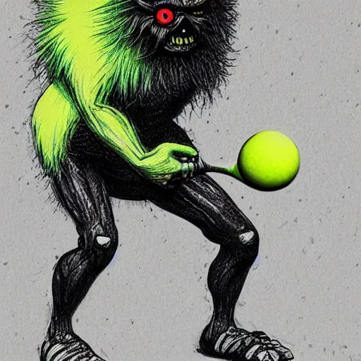 Prompt: a tennis ball monster ,tennis ball, demon, digital art, fantasy, magic, trending on artstation, ultra detailed, professional illustration by Basil Gogos