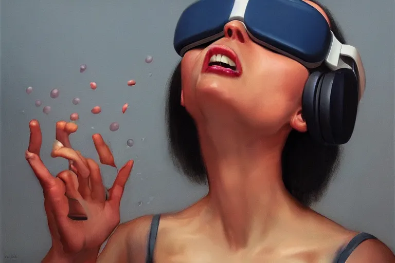 Prompt: a woman with a vr headset has a pill on her tongue and is hallucinating, a swirling cloud of pill by gerald brom, trending on artstation